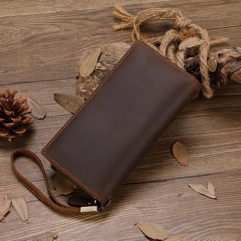 Genuine Crazy Horse Leather Long Wallet for Men Zippered Multi-Card Organizer with High Capacity Design