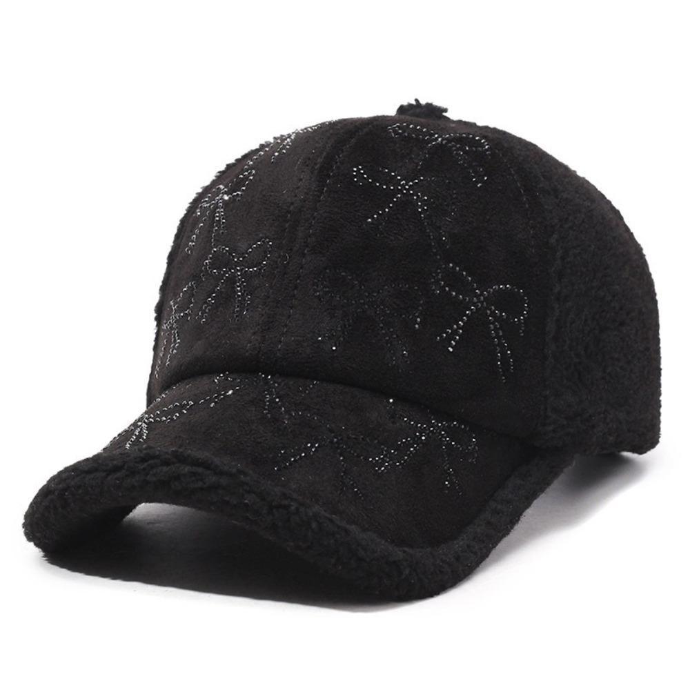 

Fashion Adjustable Women s Hats Lamb Wool Warm Baseball Caps with Hot Pressed Diamond Bow Pattern Caps for Women чорний