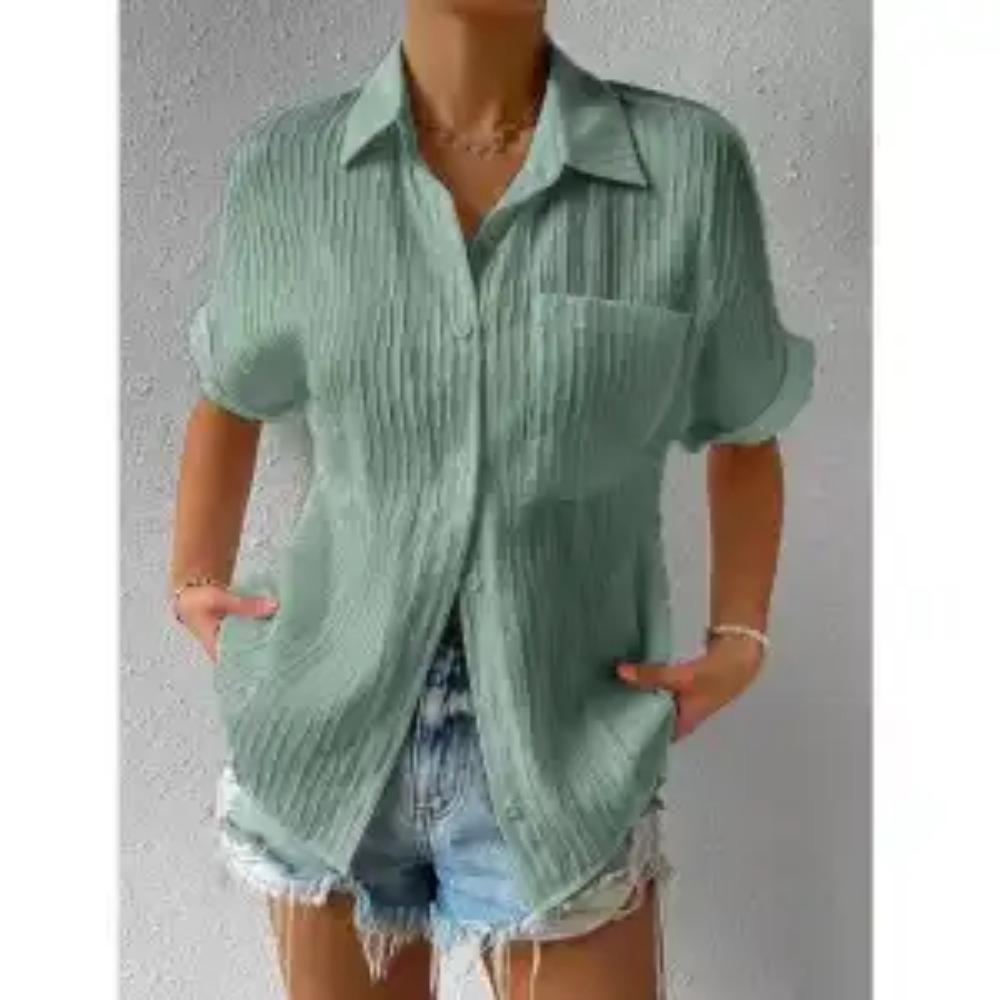 Open Front Shirt Patch Pocket Solid Casual Collar Insert Sleeve Women's Short Sleeve Shirt