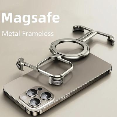 Luxury Metal Frameless Magnetic Holder Phone Case For iPhone 15 14 13 12 Pro Max Plus Magsafe Aviation Grade Aluminum Alloy Cover