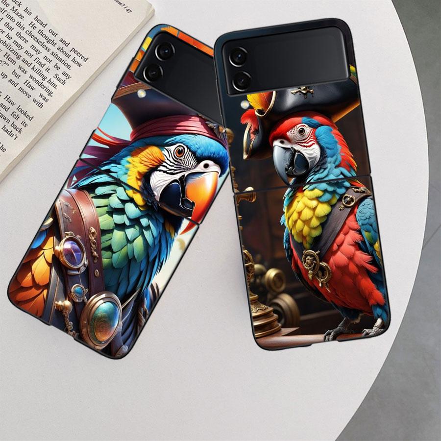 Macaw Pirate Phone Case For Samsung Z Flip 7 6 5G Galaxy Z Flip 5 4 3 Black Hard Cell Cover Luxury PC Shell Coque
