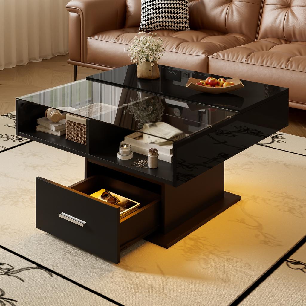 Multifunctional High-Gloss Lift Coffee Table with LED Lighting, Adjustable Height & Flexible Storage for Living Room, Office & Small Apartments
