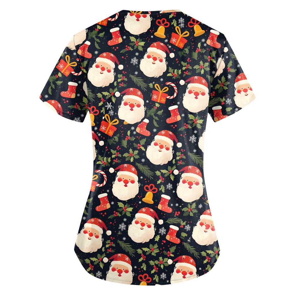 Women's Cute Bow Printed Work Clothes V-neck Double Layer Pockets Basic Short Sleeve Top Pullover