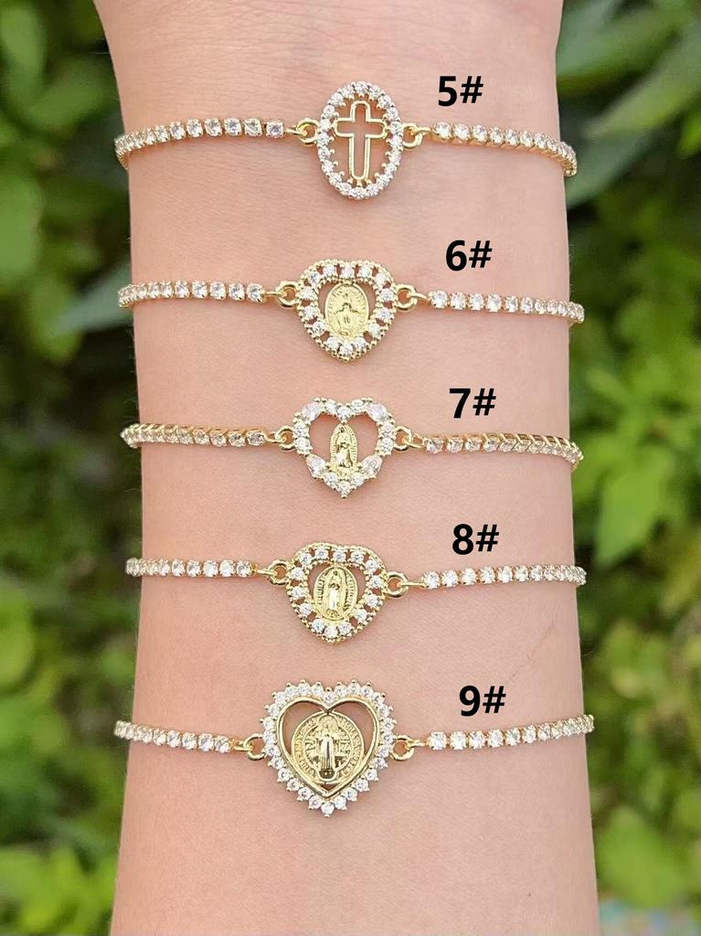 Gold Tennis Chain Religious Bracelet Virgin Mary Cross Heart Medal Charms Crystal Rhinestone Dainty Catholic Faith Jewelry