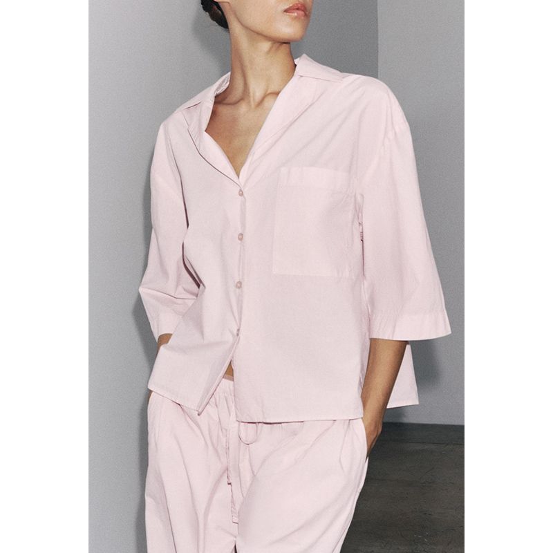 Cotton Blend Short Sleeve Lapel Short Shirt 2183062 Mid Waist Minimalist Wide Leg Casual Trousers 2183063