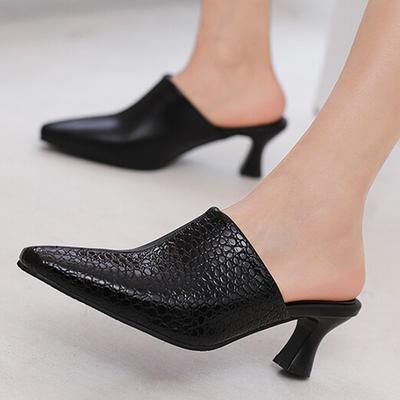 FOREADA Women Mules Sandals Spike Med High Heels Pointed Toe Party Concise Summer Shoes Black White Orange Green Blue 33-46
