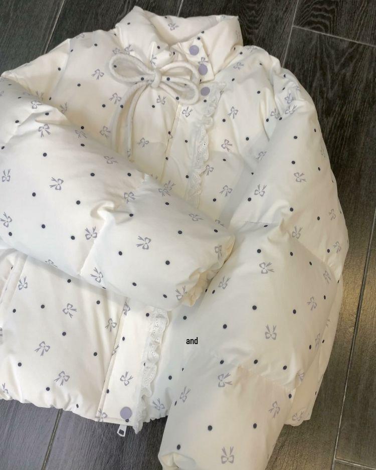 Women's Embroidered Bow Tie Stand Collar Lace Jacket – Winter Style, Warm Cotton Padded, Sweet Splicing Design