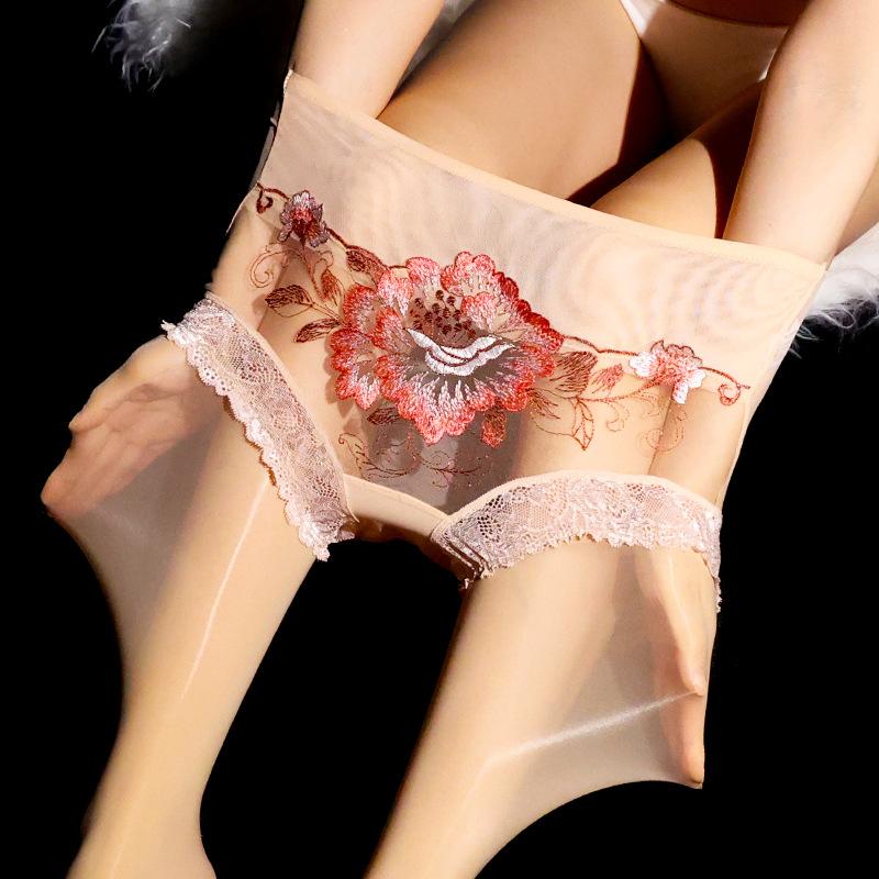 Sexy8DShiny Stockings with Embroidered Panties, One-Piece Open-Crotch Stockings, Glossy and Silky912Needle Oil Tights