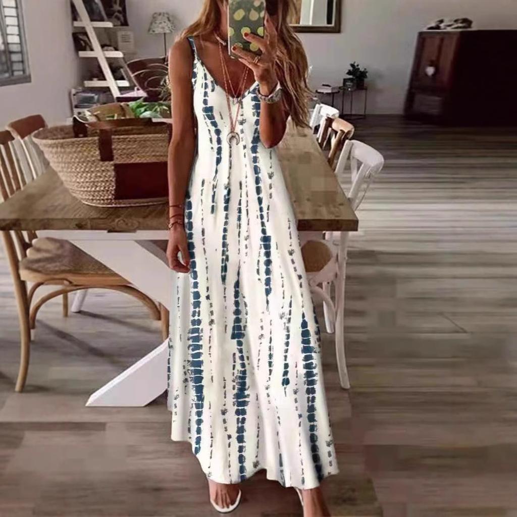 Summer European and American new suspender dress wish tie-dye printing big pendulum long dress casual dress