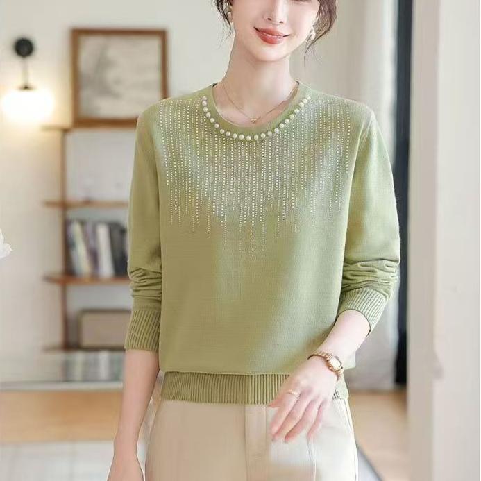 Spring Autumn Women's Round Neck Knit Sweater Loose Beaded Knit Pullover Top