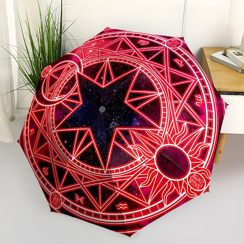 Enchanted Red Star Mandala Sticker: Mystical Design Umbrella, Portable 3-Fold Umbrella for Men & Women,Christmas Gift ES300
