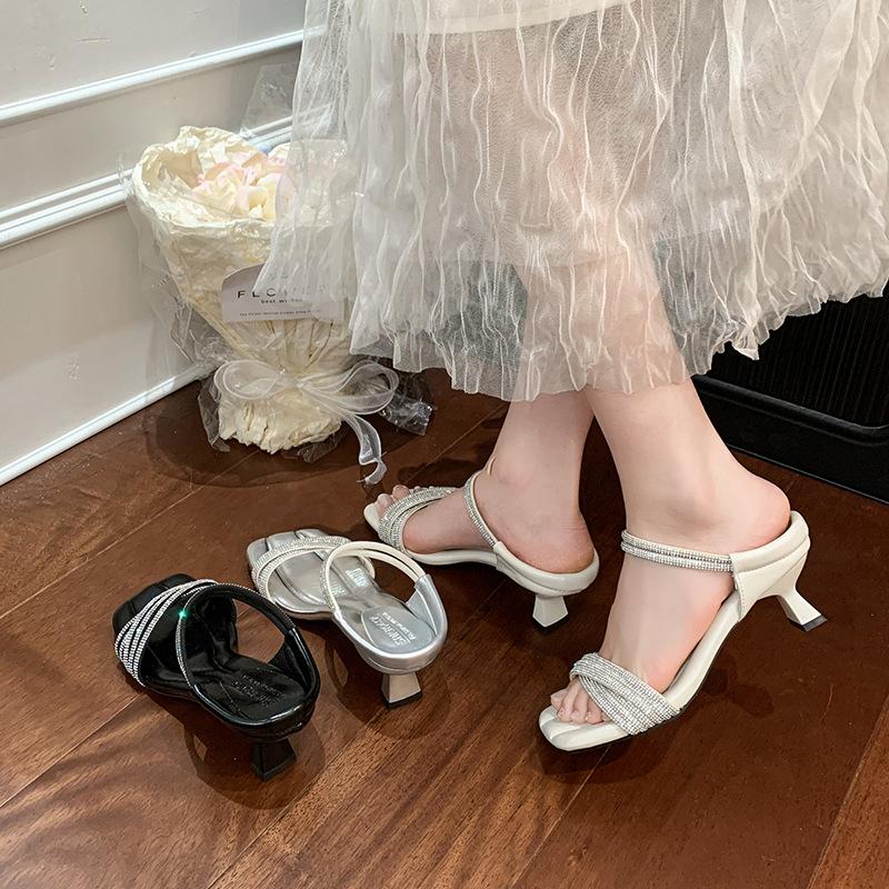 Fairy Wind French Rhinestone Word with Square Head Cool Slippers Female Summer Wear Stiletto High Heels Temperament Open-toed Sandals