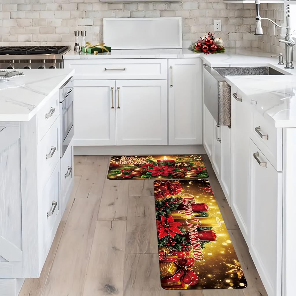 2Pcs Anti Fatigue Kitchen Rugs Merry Christmas Ball Waterproof Non-Slip Thick Cushioned Kitchen Mat Heavy Duty Comfort Standing Mat for Kitchen