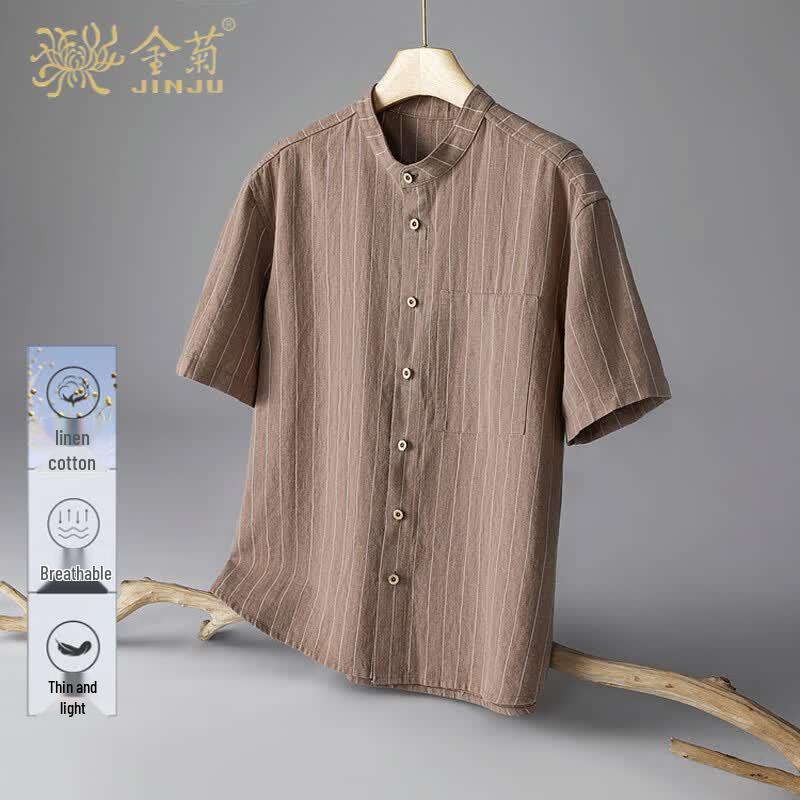 

Men s Cotton Linen Striped Stand-Collar Short-Sleeve Shirt 180/XL