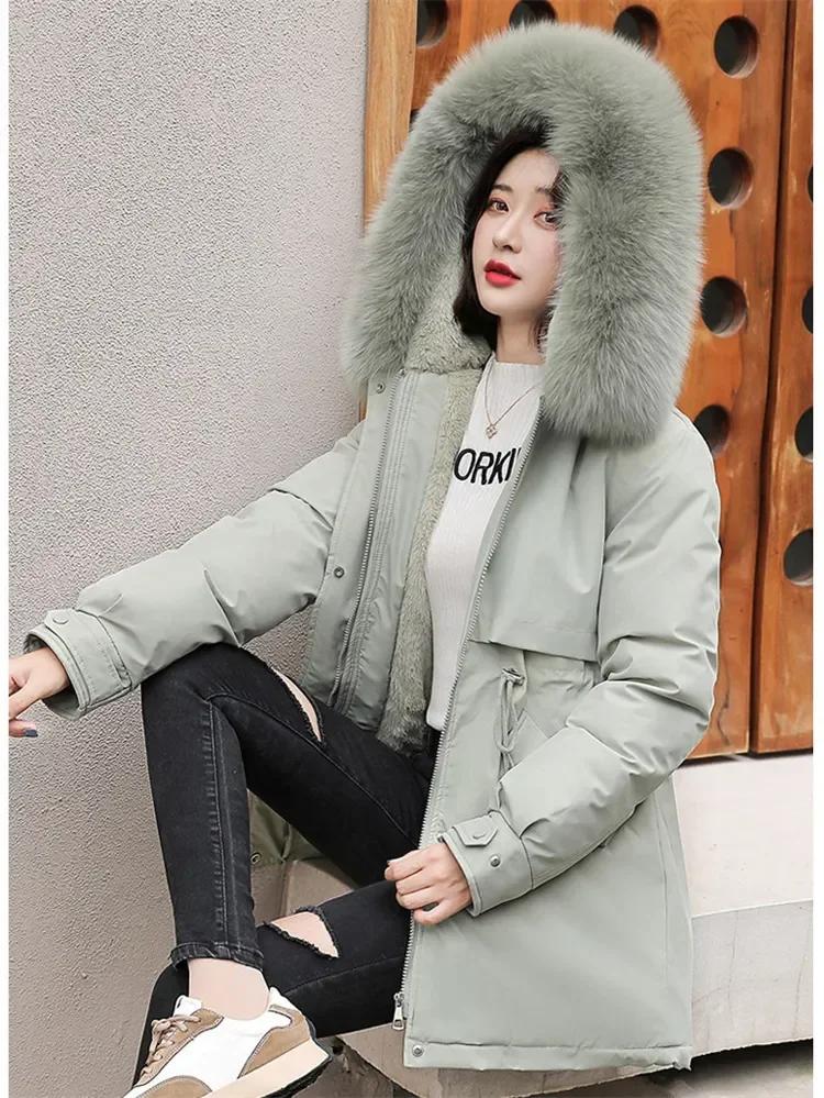 Autumn Winter Coat Women Beige Add Wool Thick Warmth Fur Hooded Parkas Jacket 2026 New Fashion Belt Slim Cotton Coat