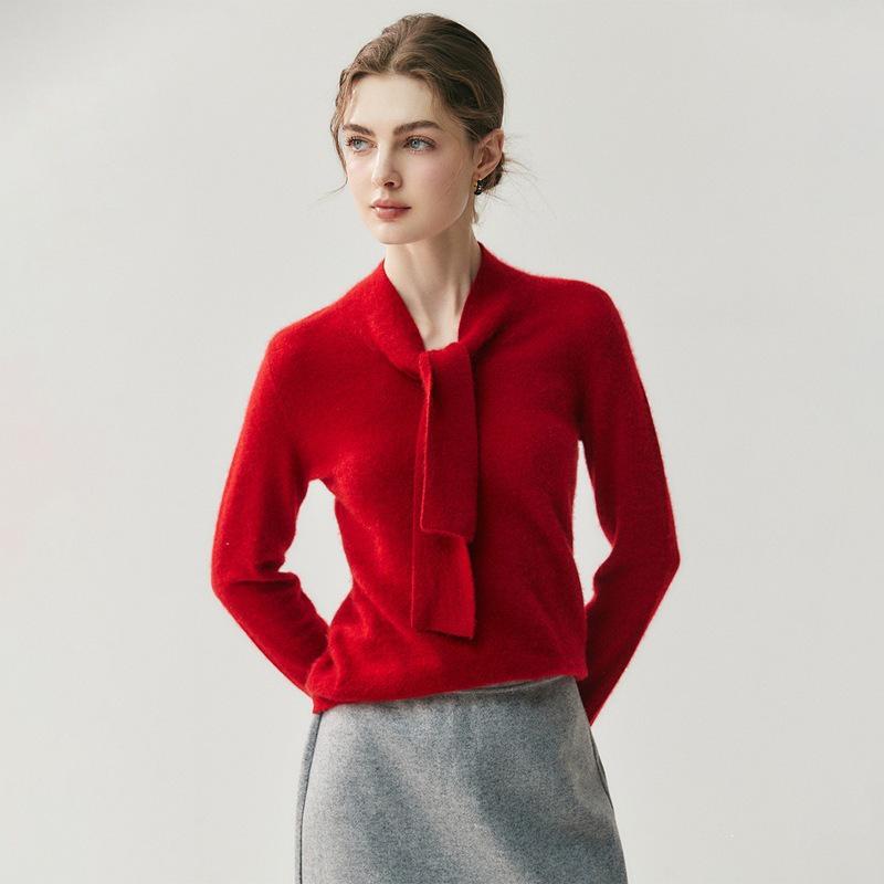 60% Cashmere V-neck Ribbon Knit Top for Women - Loose & Slimming Fit