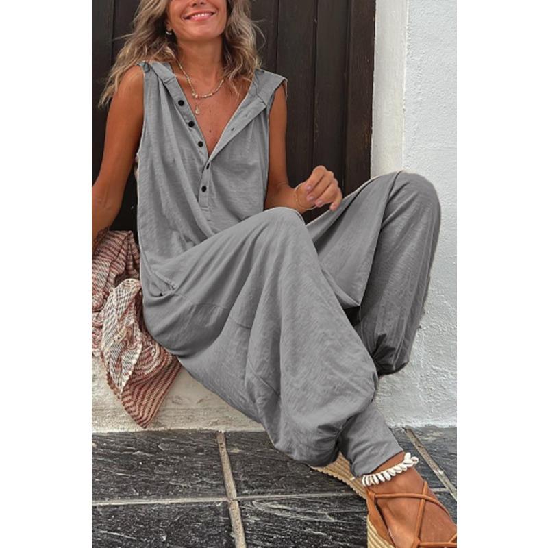 women s Solid Color Button Hooded Sleeveless Loose Fit Harem Long Pants Casual Jumpsuit S
