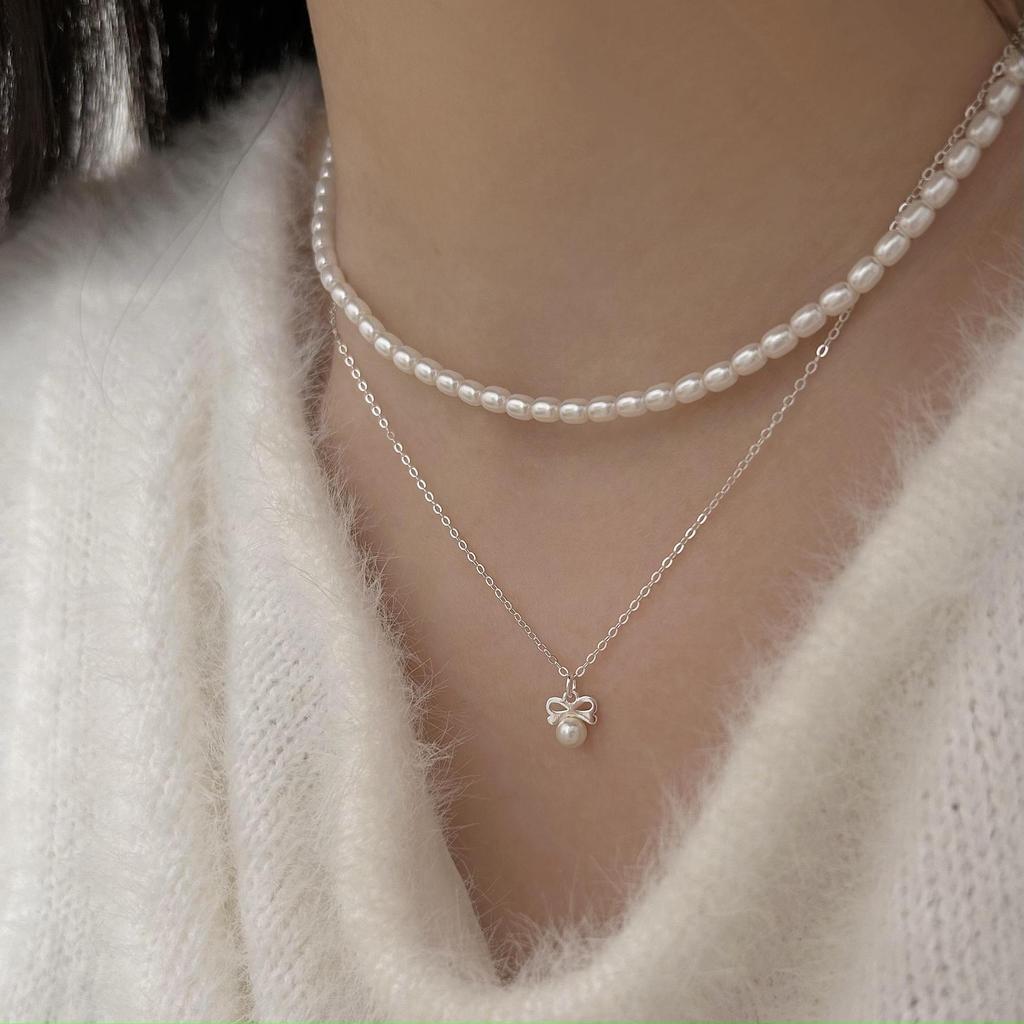 Collana con Ciondolo Fiocco e Perla Sintetica in Argento Sterling 925 Coreano per Donna Gioielli Squisiti Carini per Feste