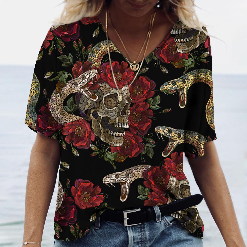 Summer V-neck 3D Skull Rose Print Top Fashionable Casual Short Sleeved Women's T-shirts