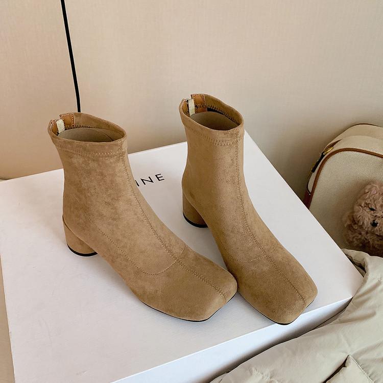 2025 Autumn and Winter New Suede Leather Boots Square Head Thick Heel Fashion Short Boots Thick Heel Medium Heel Elastic Cloth Boots