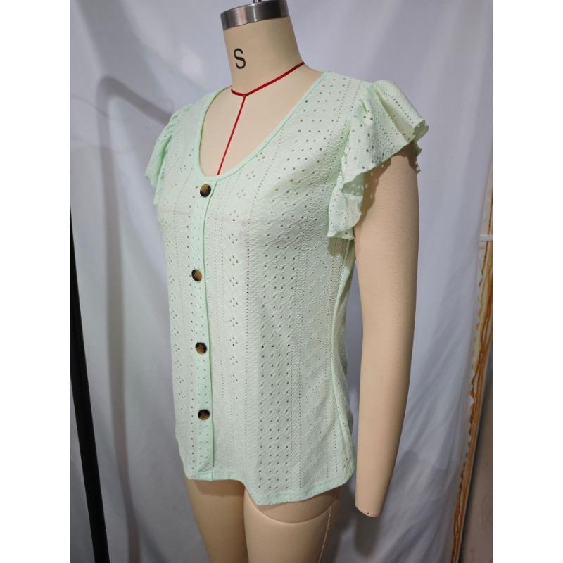 Womens V Neck Eyelet Embroidered Blouse With Short Flutter Sleeves Casual Button Down Top