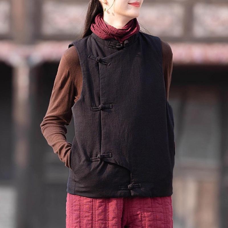Women's 2025 Winter Ethnic Style Retro Cotton Vest with Stand Collar and Handmade Frog Buttons