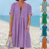 Summer New Women's Casual Loose Fashion Retro Cotton Linen Short Sleeve V-Neck Ruffled Dress