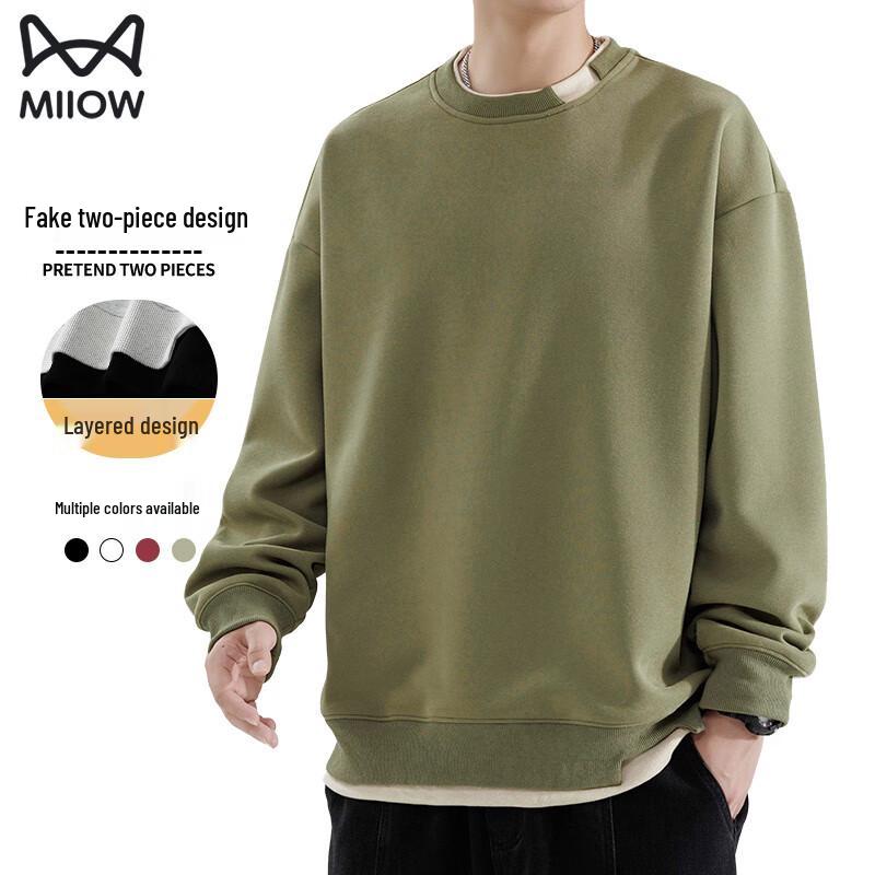 Mao Ren Pánská těžká mikina s kulatým výstřihem ve stylu falešného dvoudílného provedení