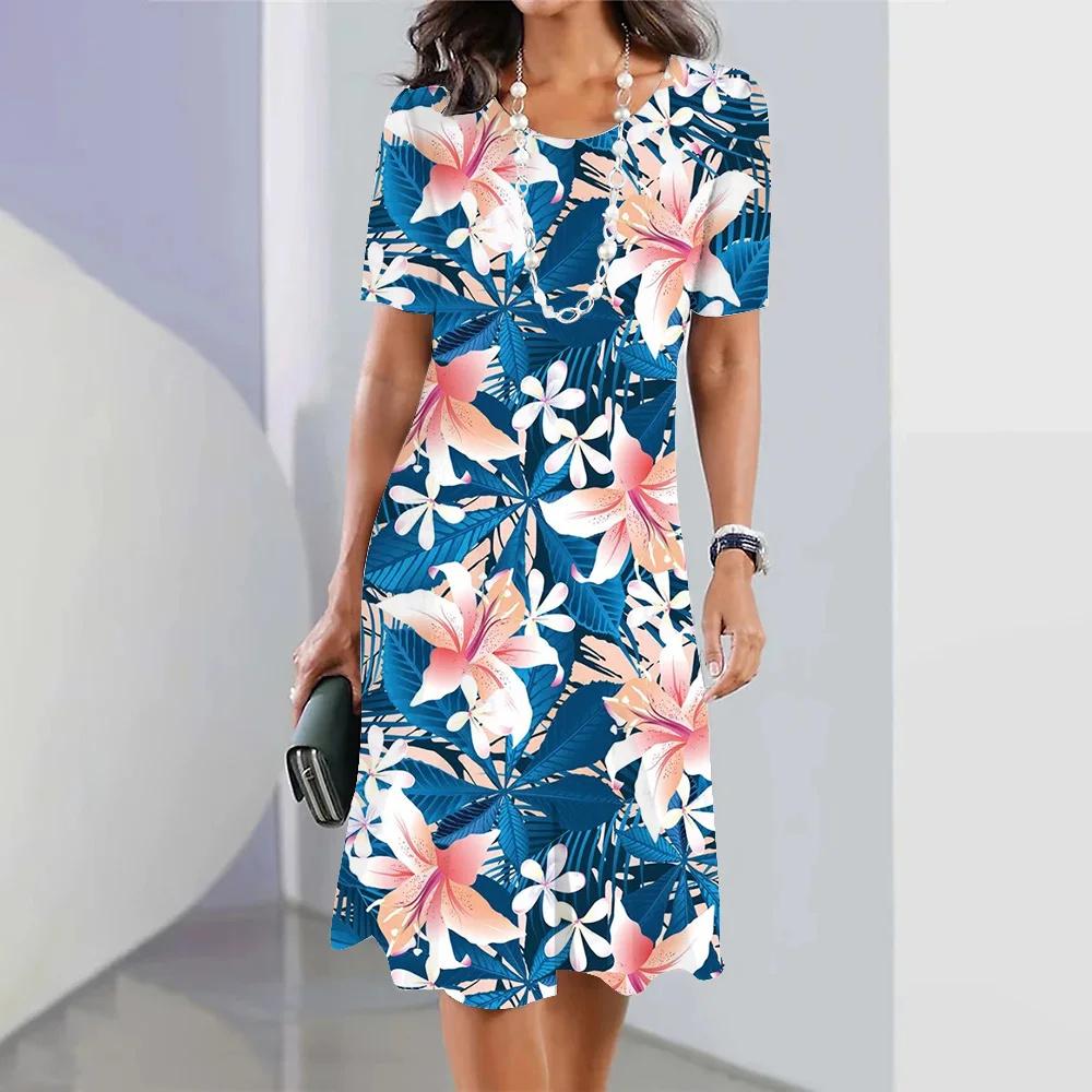 2026 Summer Women's 3d Floral Print Dress Elegant and Beautiful Casual Round Neck Dress