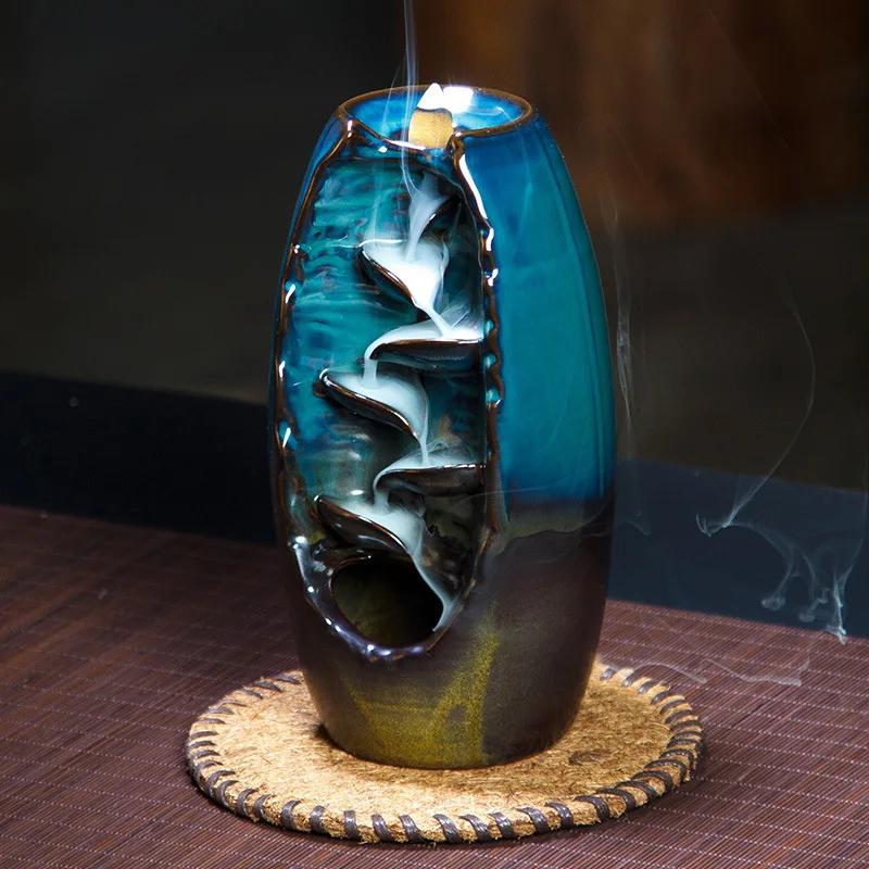 10Pcs Cones Free Gift Blue Waterfall Incense Ceramic Holder Backflow Censer