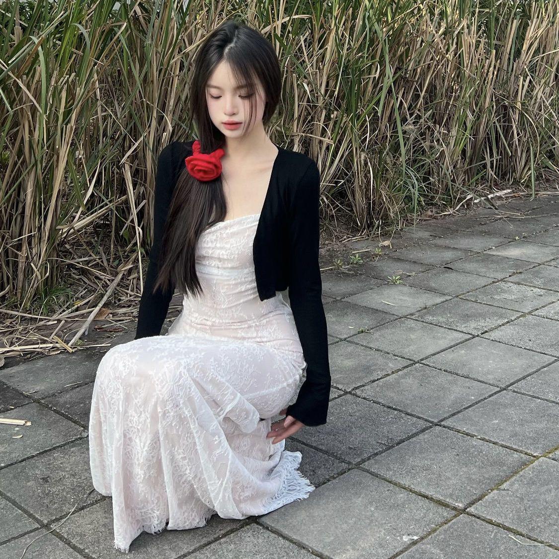

Women s Early Spring 2026 French Cherry Embroidery Strap Dress: Gentle, Sweet, Waist-Cinching, Slimming Vacation Style S (Recommended under 95 lbs)
