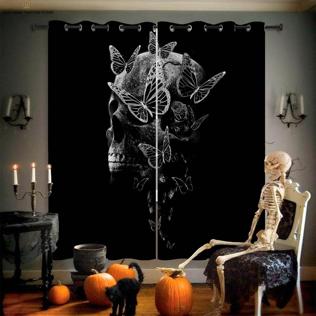 Blackout Curtains 3D Printed Floral Skull Print Curtains, Halloween, Gothic, Living Room, Dining Room, Holiday, Party Decoration