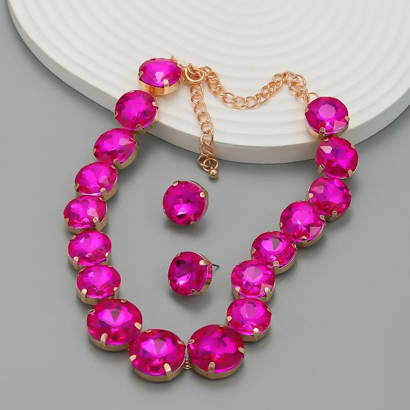 Earrings Necklace Combination Set Women's Round Glass Diamond Exaggerated Earrings