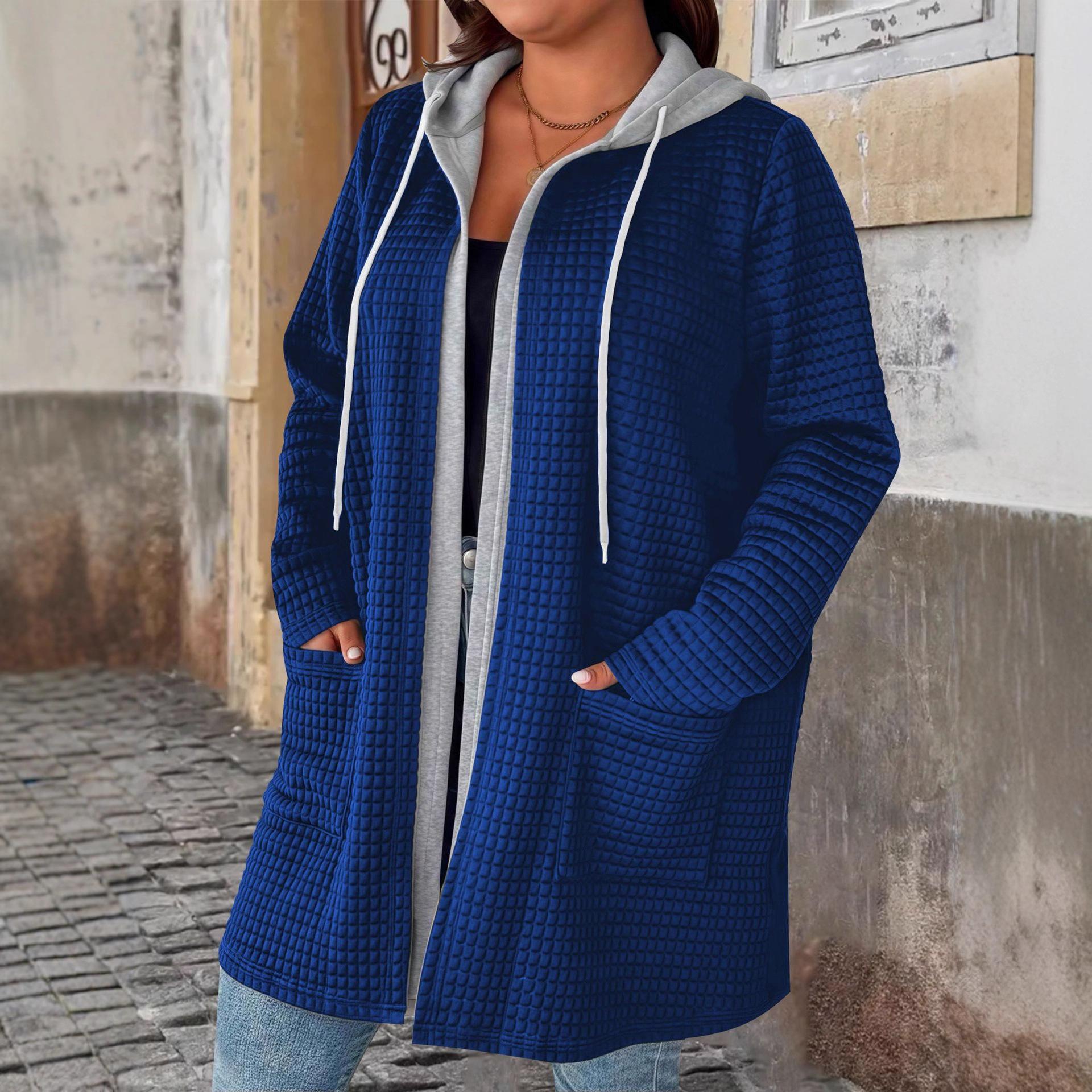 

Plus Size Fake Two-Piece Hooded Cardigan with Pockets & Drawstring Long Chic Fall/Winter Women s Coat 5XL синій
