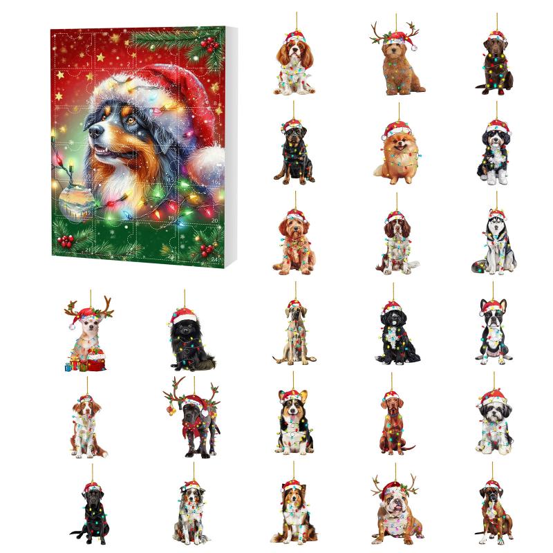 2D Acrylic Puppy Pendant Christmas Ornaments Advent Calendar 24-Day Countdown Calendar Dog Charm For Christmas Tree Decoration