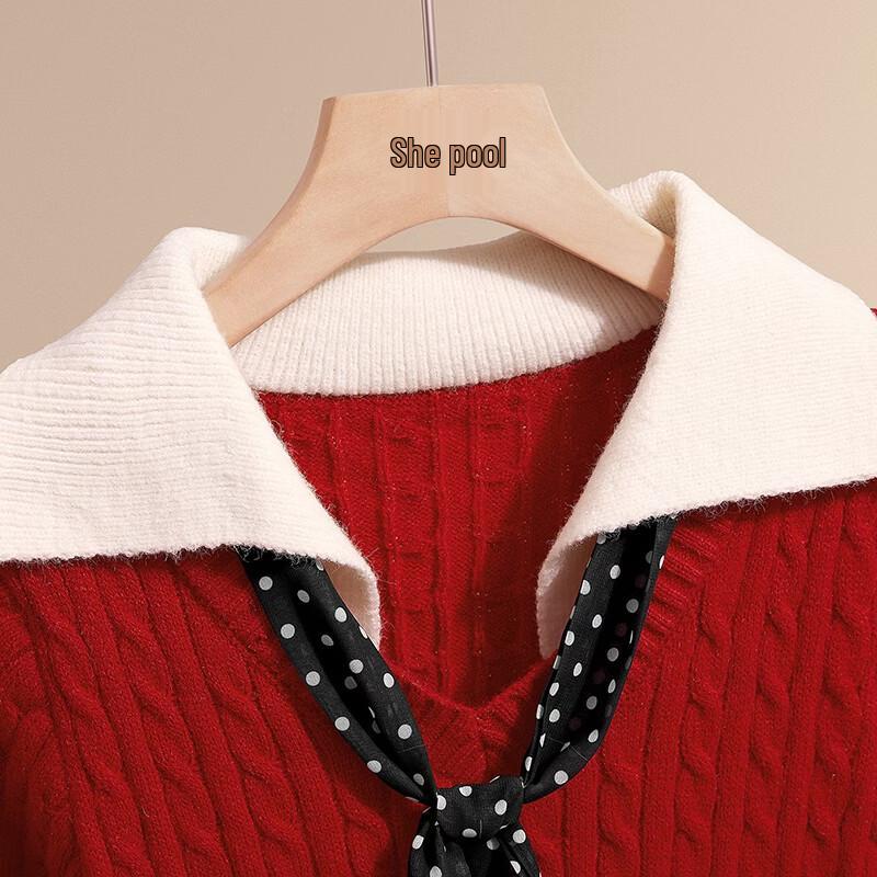 Women's Color Block Lapel Twisted Knit Slim Sweater