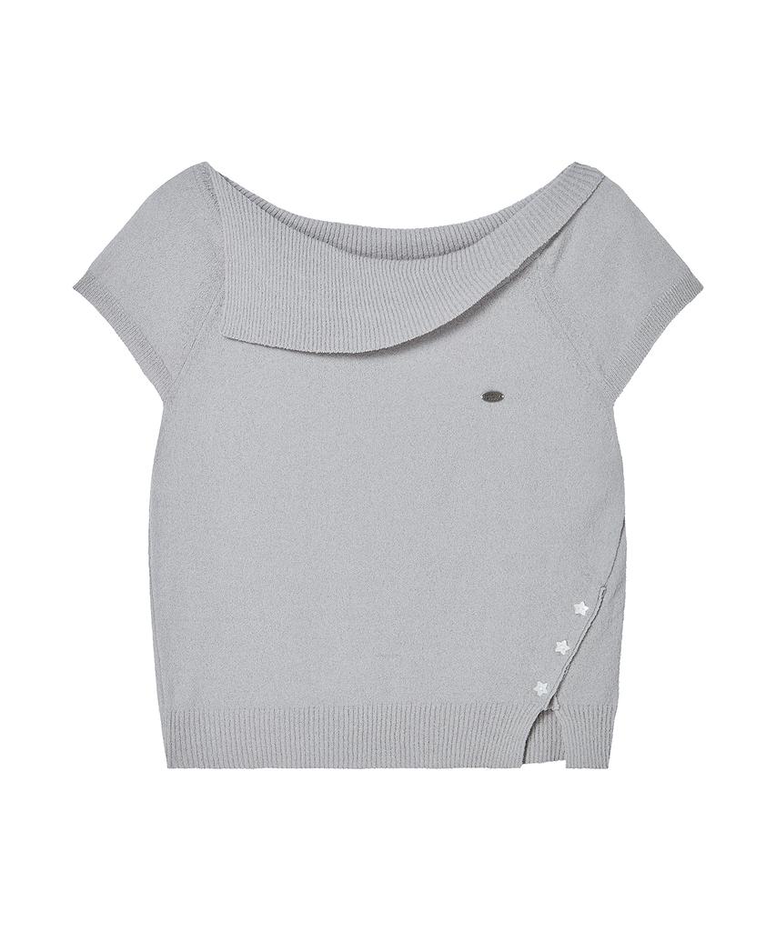 AWESOME STUDIO Asymmetrical Collar Off-Shoulder Knit Light Gray