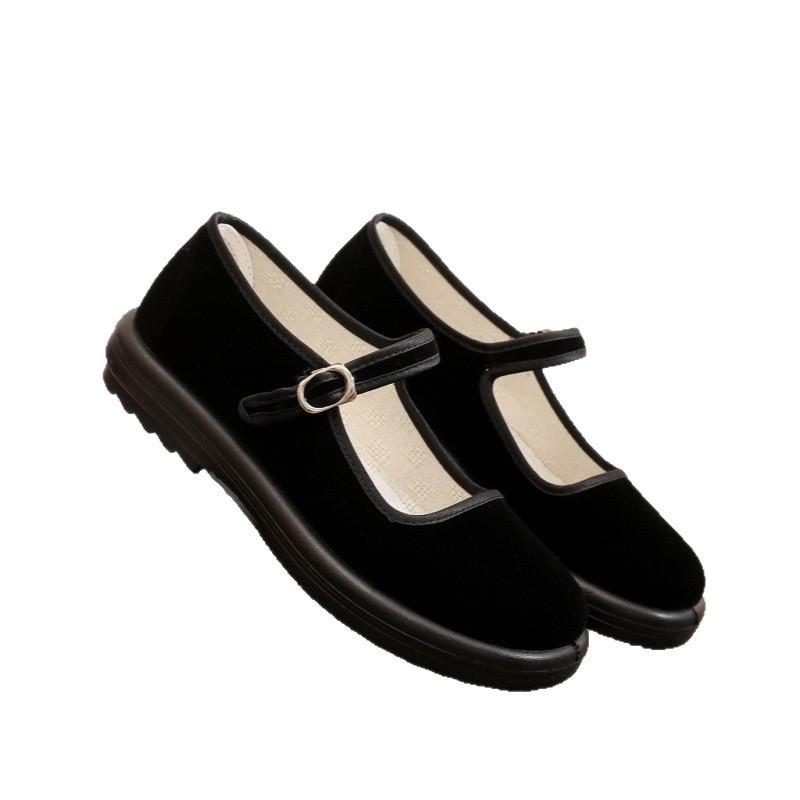 Stoffschuhe Damen weiche Sohle bequem Samt schwarz Ein-Wort-Schnalle Hotel Kellner Putztuchschuhe