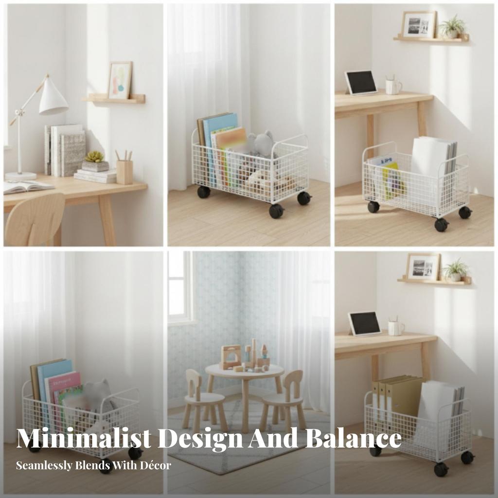 Mobile book trolley, open wire mesh storage trolley with handles, furniture