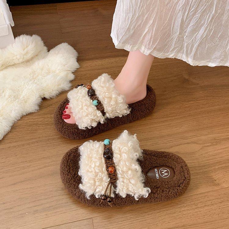 [Uncle Shoes] Lamb Lazy Autumn Fluffy Slippers Women's Outer Wear Cotton Slippers Thick Bottom Curly Hair Retro New One