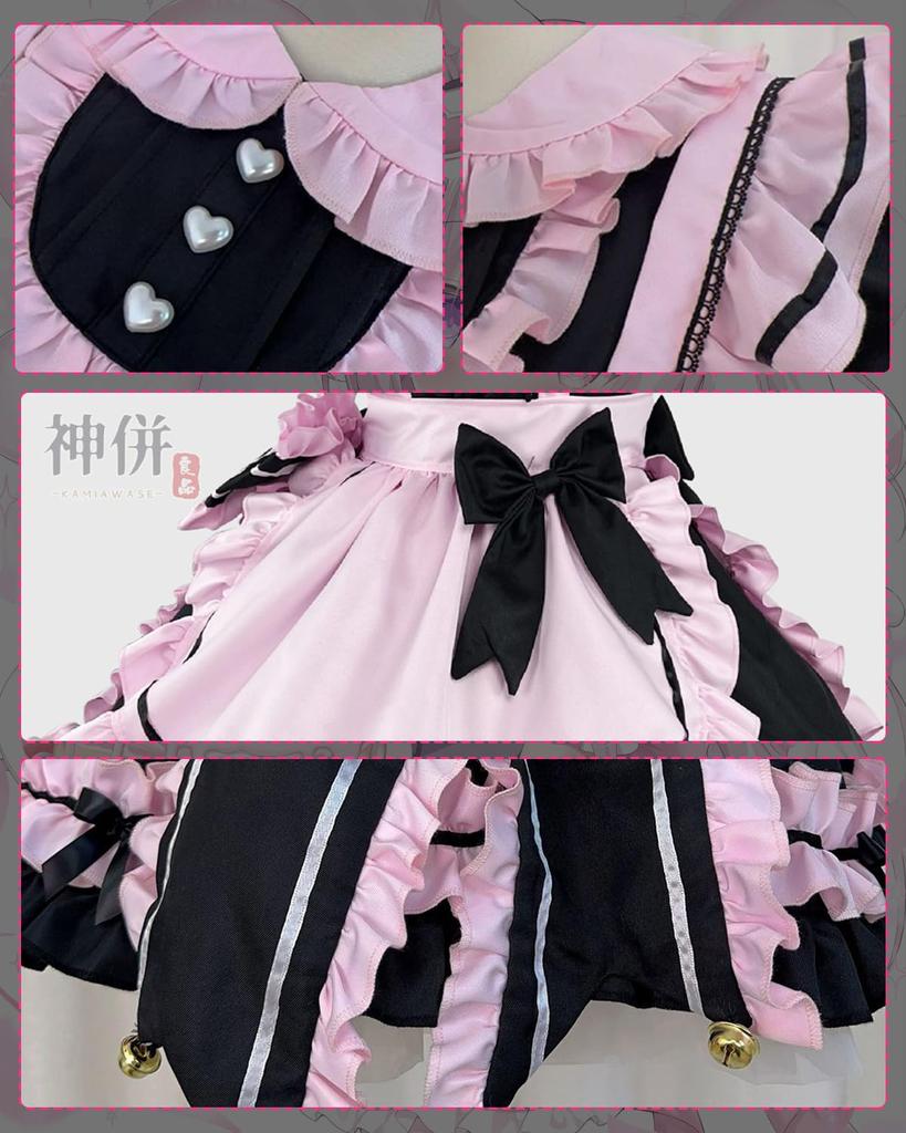 Plus Size Maid Gothic Lolita Waitress Cosplay Ruffled Lolita Outfit with Ear Neat and Short Black and Pink [God-Quality Product] Outfit, Costume,