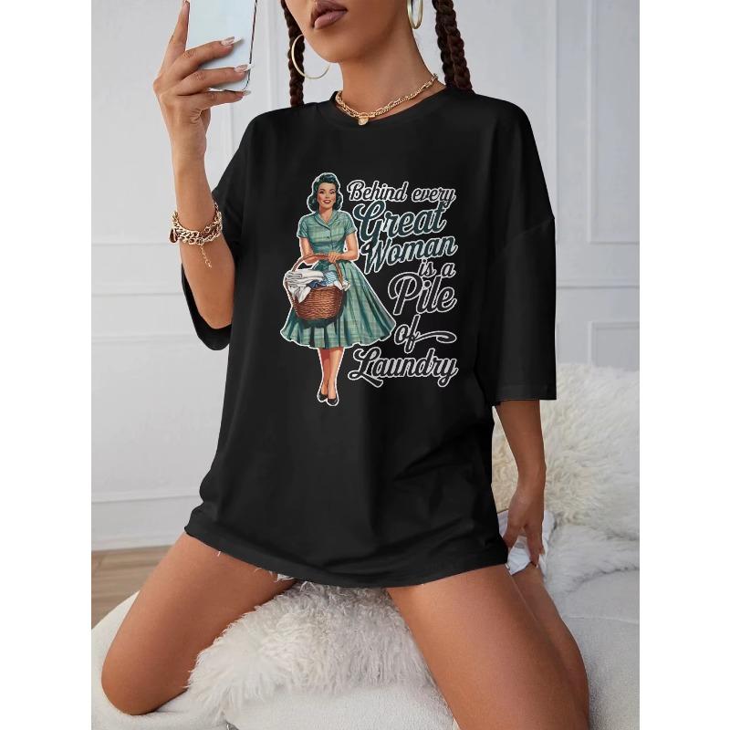 

Behind Every Great Women Is A Pile of Laundry Plus Size Womens Black Round Neck Shirt Soft Autumn Clothes Halloween Clothing 3XL