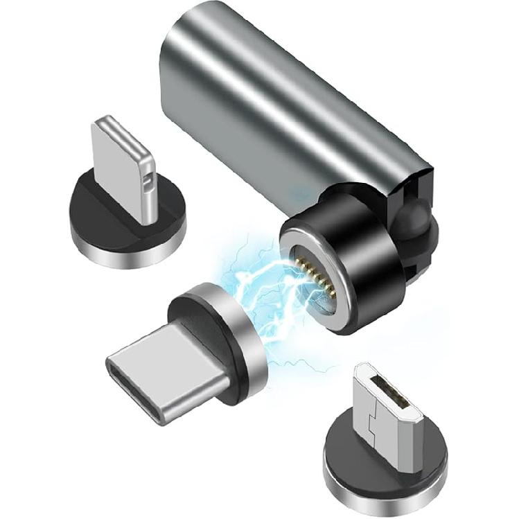 360°&180° Rotation Magnetic USB C Adapter 3 in 1 USB C Magnetic Adapter 3A Fast Charging QC3.0 480Mbps Data Transfer, Silver