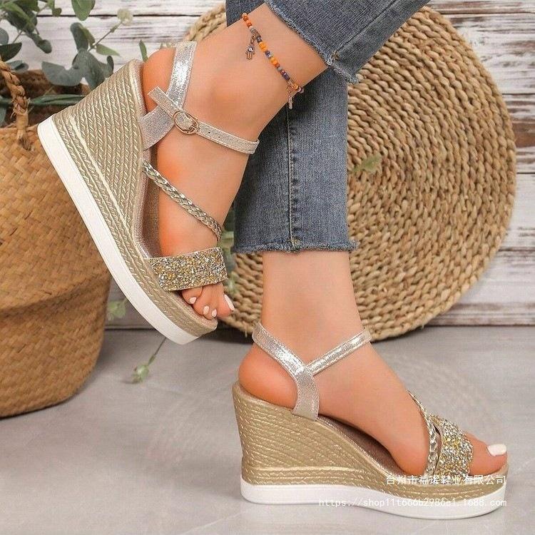 Summer new fashion fish mouth one-word buckle strap high heel fashion casual large size women's Roman rhinestone sandals gold