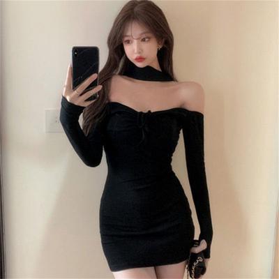 Stylish Sexy Hot Girl One-word Shoulder Black Dress Women's Spring New Slim-fitting Inner Fit Slim Hip-wrapped Short Skirt