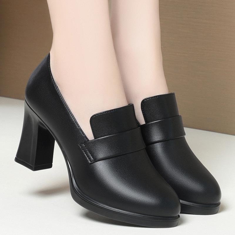 High heels for women, new spring and autumn women's shoes, deep mouth single shoes, mother leather shoes,  black work shoes