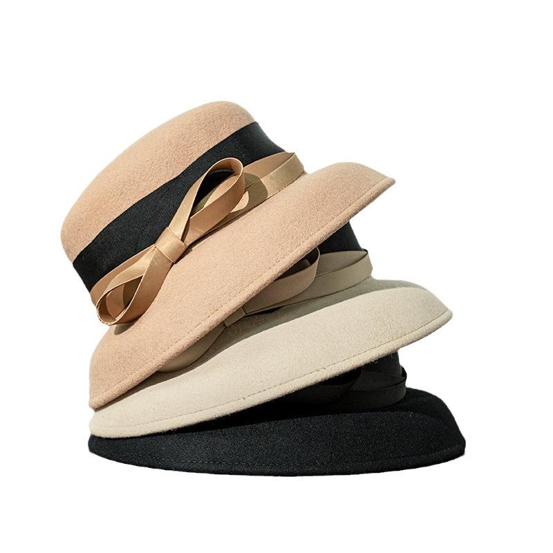 Autumn and Winter New Wool Felt Hat Hepburn Style Female Versatile Elegant Dome Bow