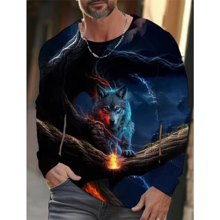 Men's Summer Long Sleeve 3d Printed Wolf Print T-Shirt Tops Men Streetwear Clothing Round Neck Graphic Long Sleeve T-Shirt