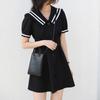 Black Academy Short Sleeve Navy Collar Dress Women's Summer Temperament Waist Skinny Waist Pinch Waist Short Skirt