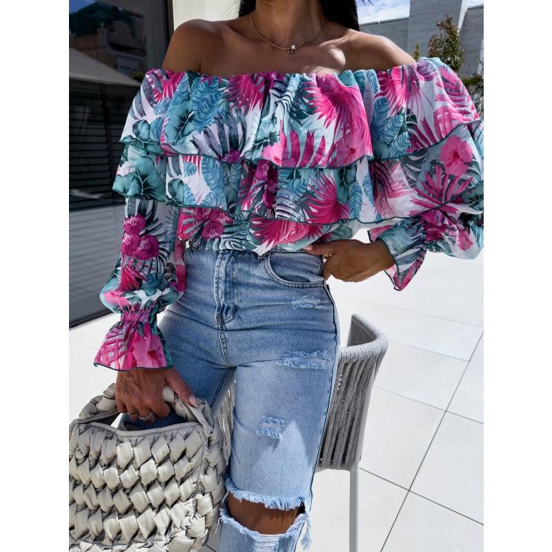 New Spring Off-the-shoulder Floral Printed Layer Ruffled Women Blouse Sexy Long Sleeve One-word Collar Shirt Sweet Loose Casual Tops Clothing